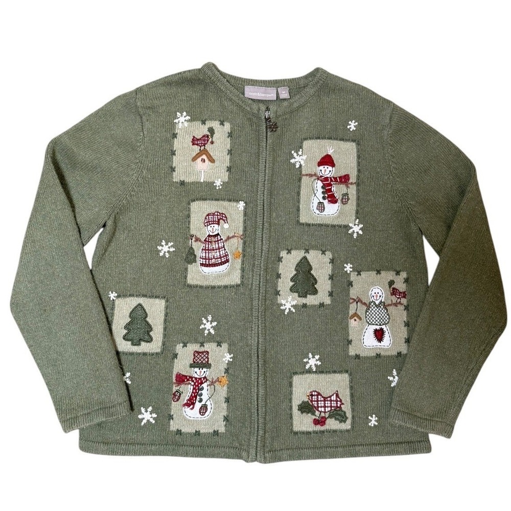 Croft & Barrow Christmas Sweater Green Zip Cardigan Snowman Cardinal Medium